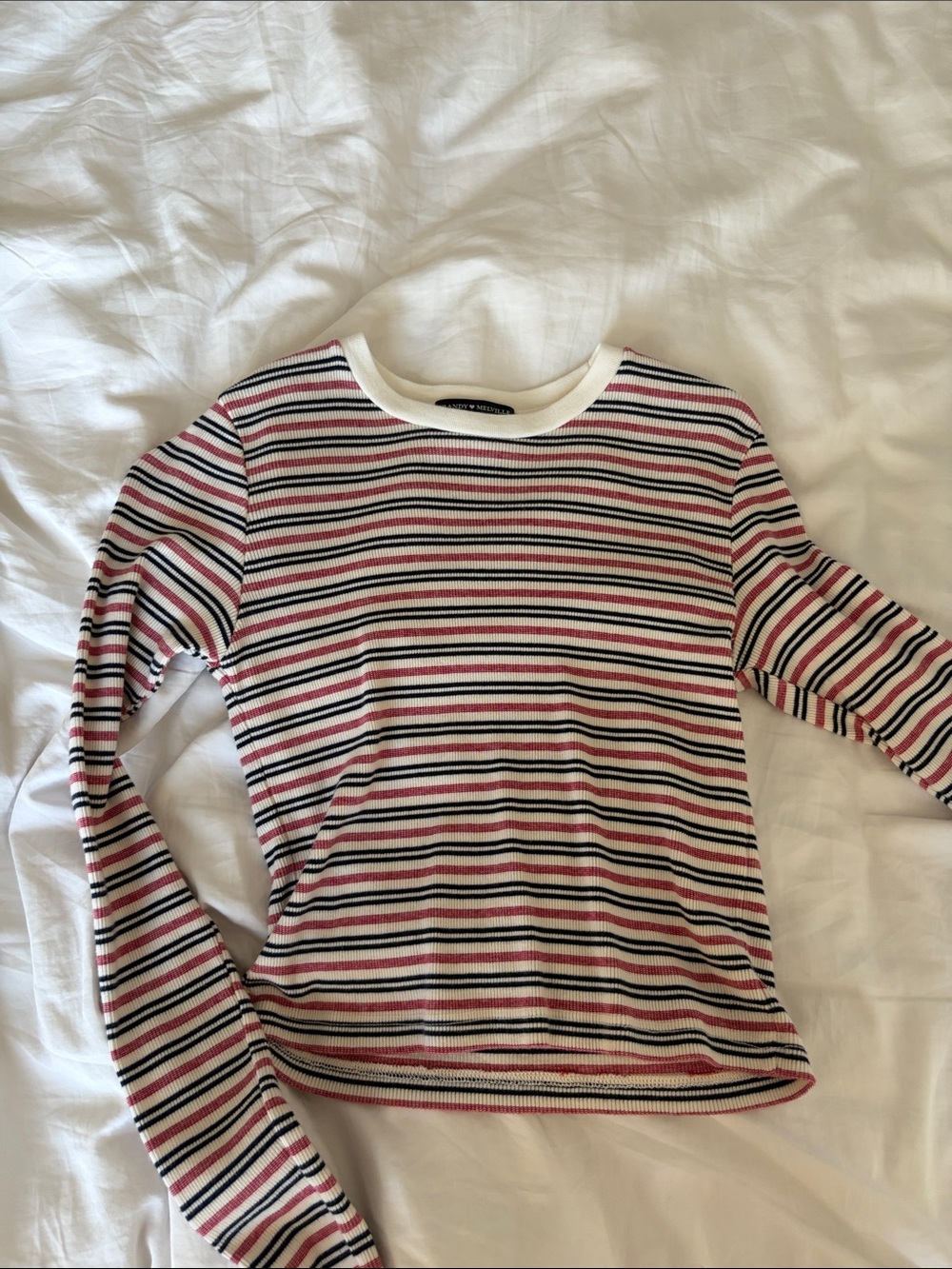 Brandy Melville White Long Sleeve Ribbed Tee with Pink and Black Stripes